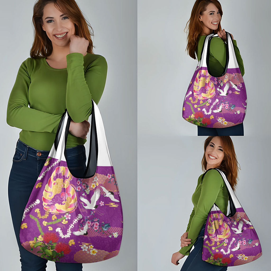 Hawaiian and Japanese Culture Together Grocery Bag Kakau Tribal Pattern and Irezumi Art Purple Color