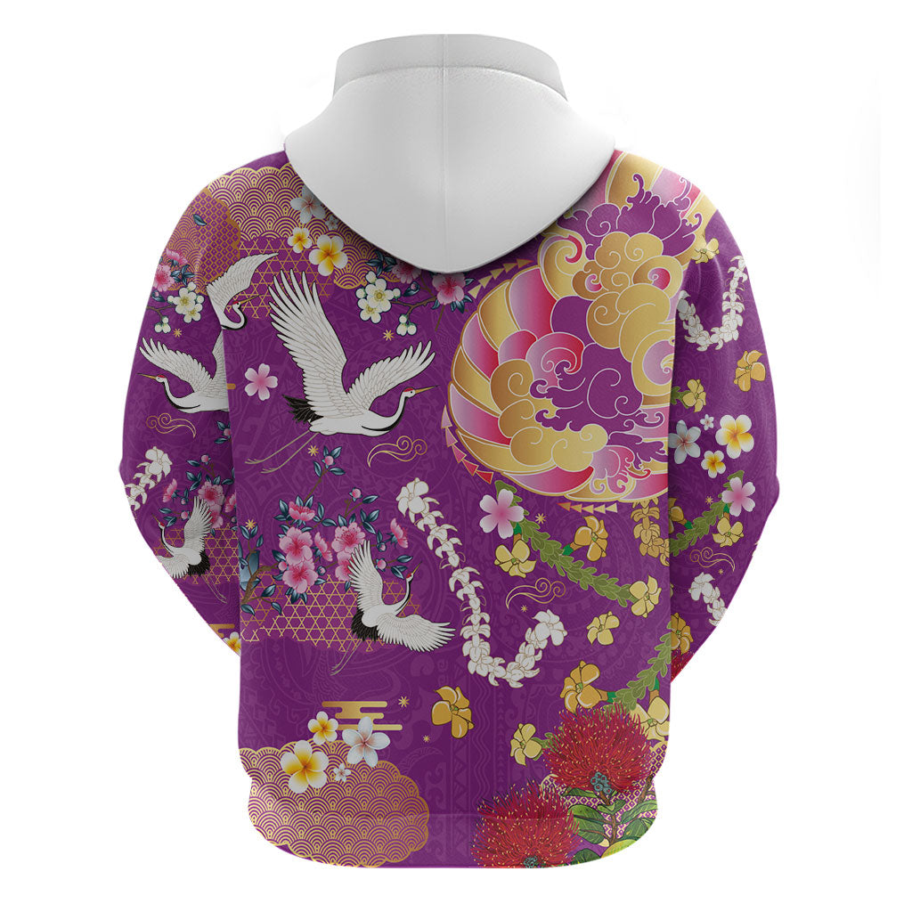Hawaiian and Japanese Culture Together Hoodie Kakau Tribal Pattern and Irezumi Art Purple Color