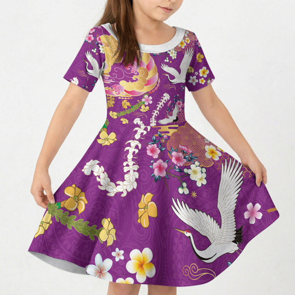 Hawaiian and Japanese Culture Together Kid Short Sleeve Dress Kakau Tribal Pattern and Irezumi Art Purple Color