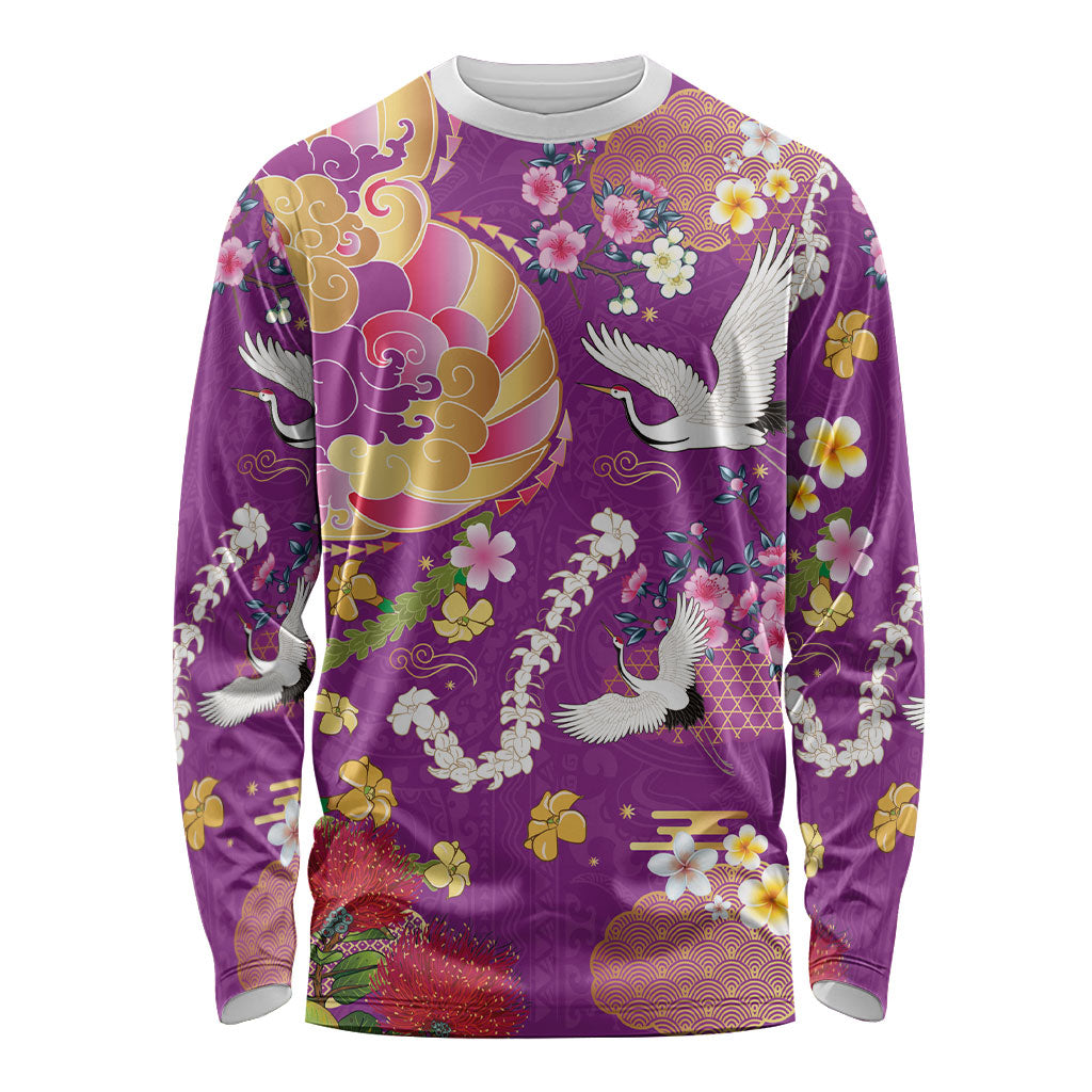 Hawaiian and Japanese Culture Together Long Sleeve Shirt Kakau Tribal Pattern and Irezumi Art Purple Color