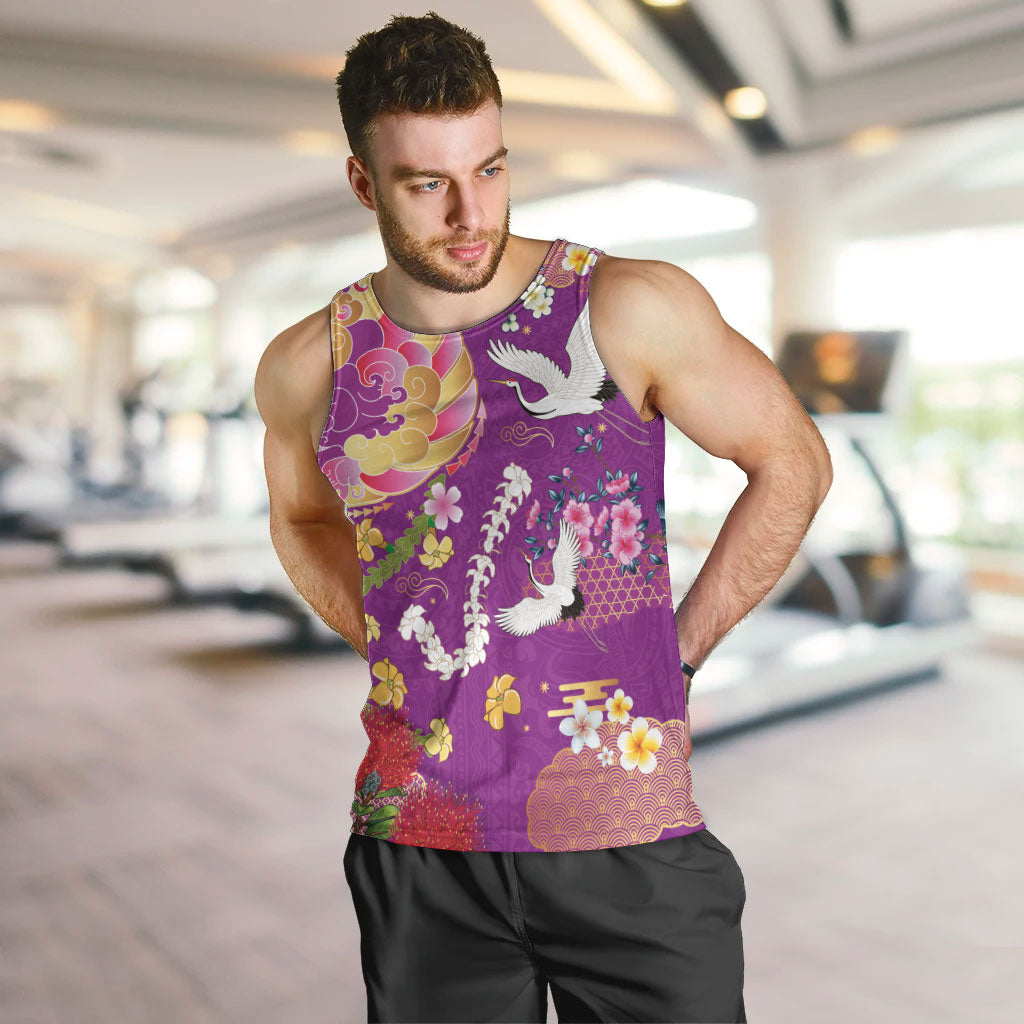 Hawaiian and Japanese Culture Together Men Tank Top Kakau Tribal Pattern and Irezumi Art Purple Color