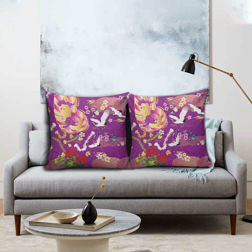 Hawaiian and Japanese Culture Together Pillow Cover Kakau Tribal Pattern and Irezumi Art Purple Color LT03 - Polynesian Pride