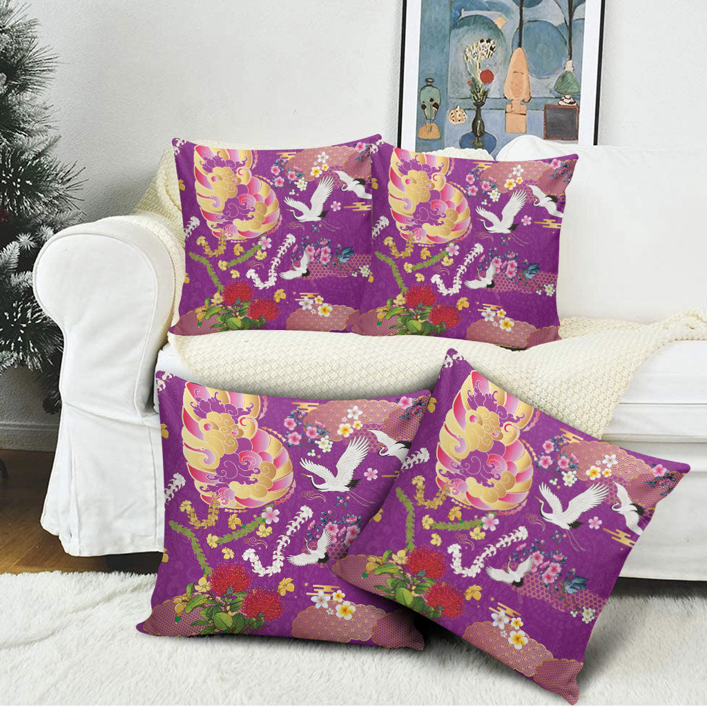 Hawaiian and Japanese Culture Together Pillow Cover Kakau Tribal Pattern and Irezumi Art Purple Color LT03 - Polynesian Pride