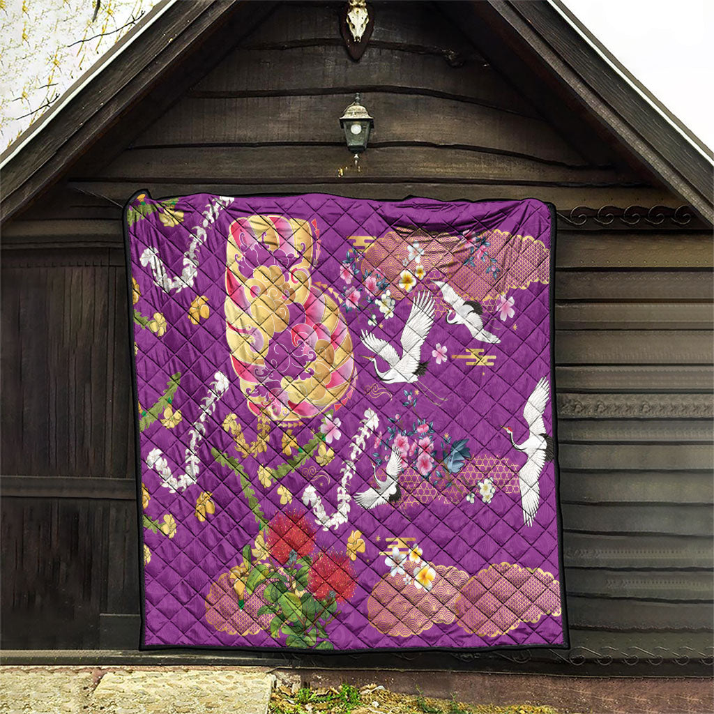 Hawaiian and Japanese Culture Together Quilt Kakau Tribal Pattern and Irezumi Art Purple Color