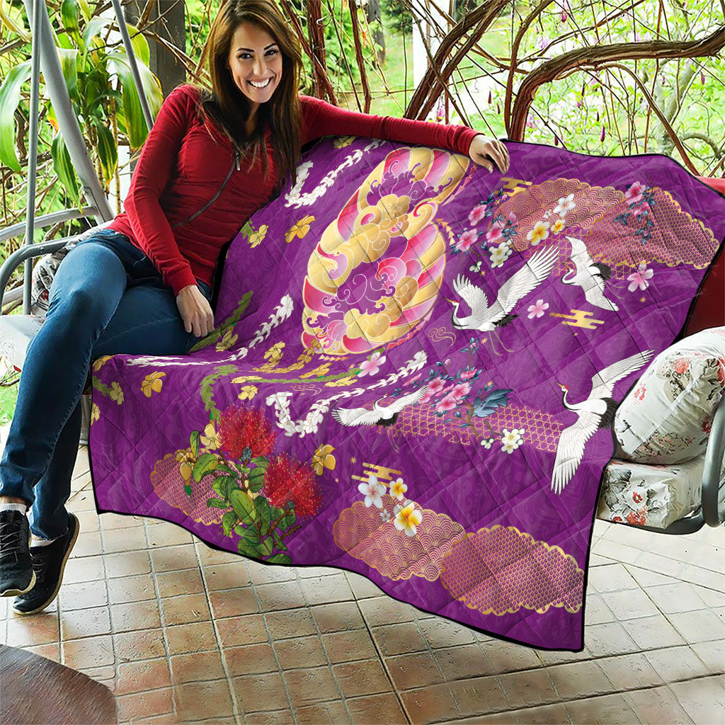 Hawaiian and Japanese Culture Together Quilt Kakau Tribal Pattern and Irezumi Art Purple Color
