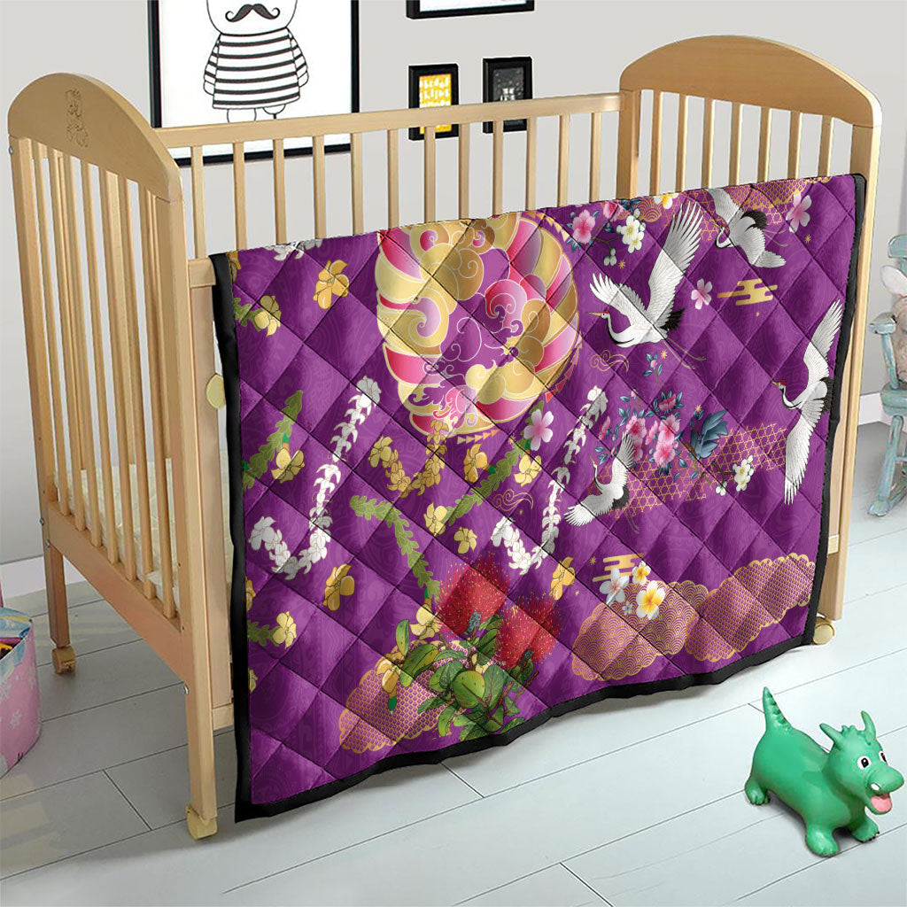 Hawaiian and Japanese Culture Together Quilt Kakau Tribal Pattern and Irezumi Art Purple Color