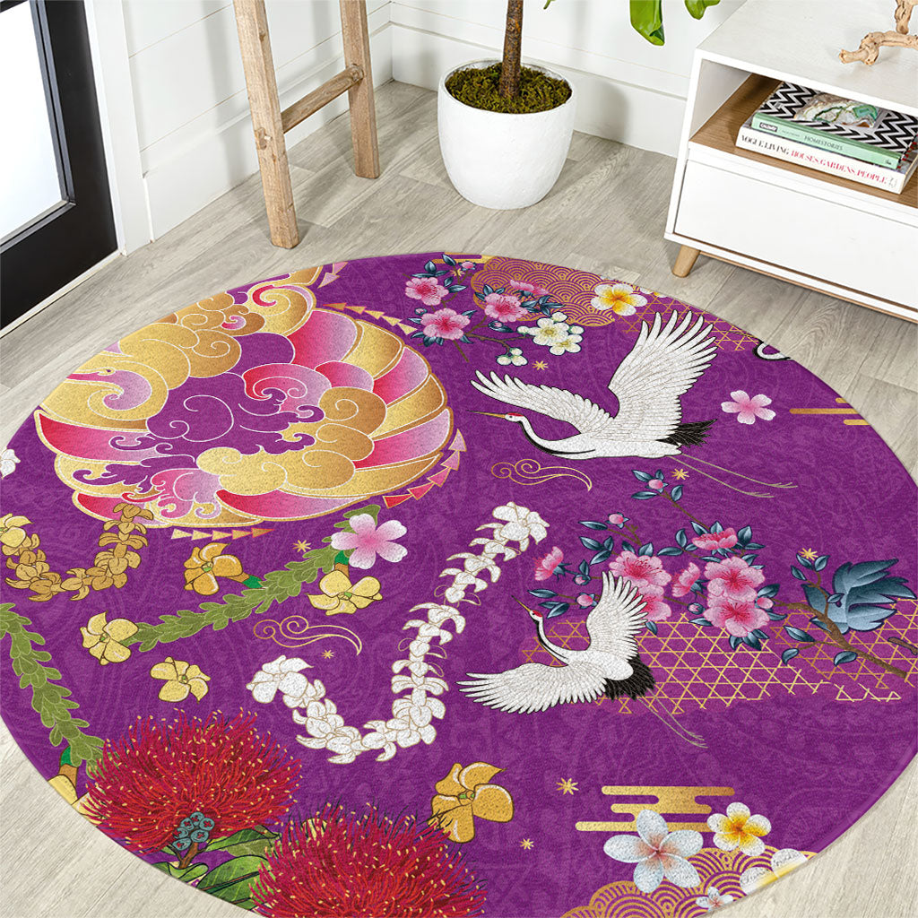 Hawaiian and Japanese Culture Together Round Carpet Kakau Tribal Pattern and Irezumi Art Purple Color