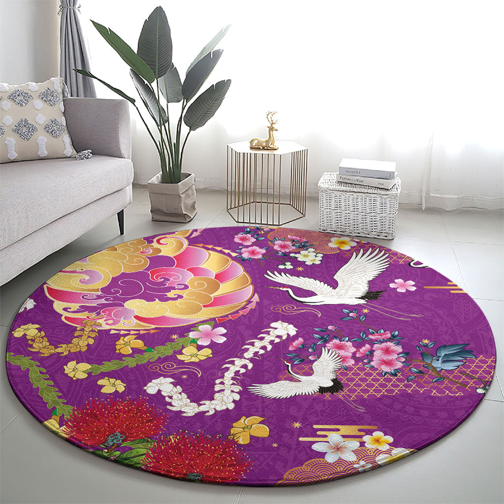 Hawaiian and Japanese Culture Together Round Carpet Kakau Tribal Pattern and Irezumi Art Purple Color