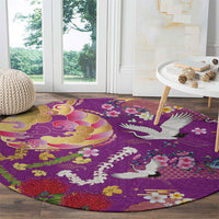 Hawaiian and Japanese Culture Together Round Carpet Kakau Tribal Pattern and Irezumi Art Purple Color