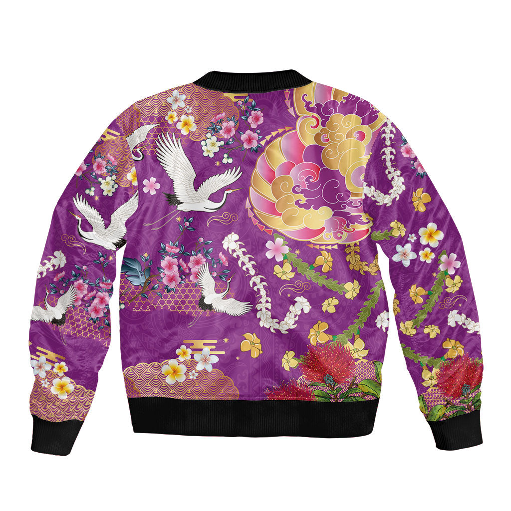 Hawaiian and Japanese Culture Together Sleeve Zip Bomber Jacket Kakau Tribal Pattern and Irezumi Art Purple Color