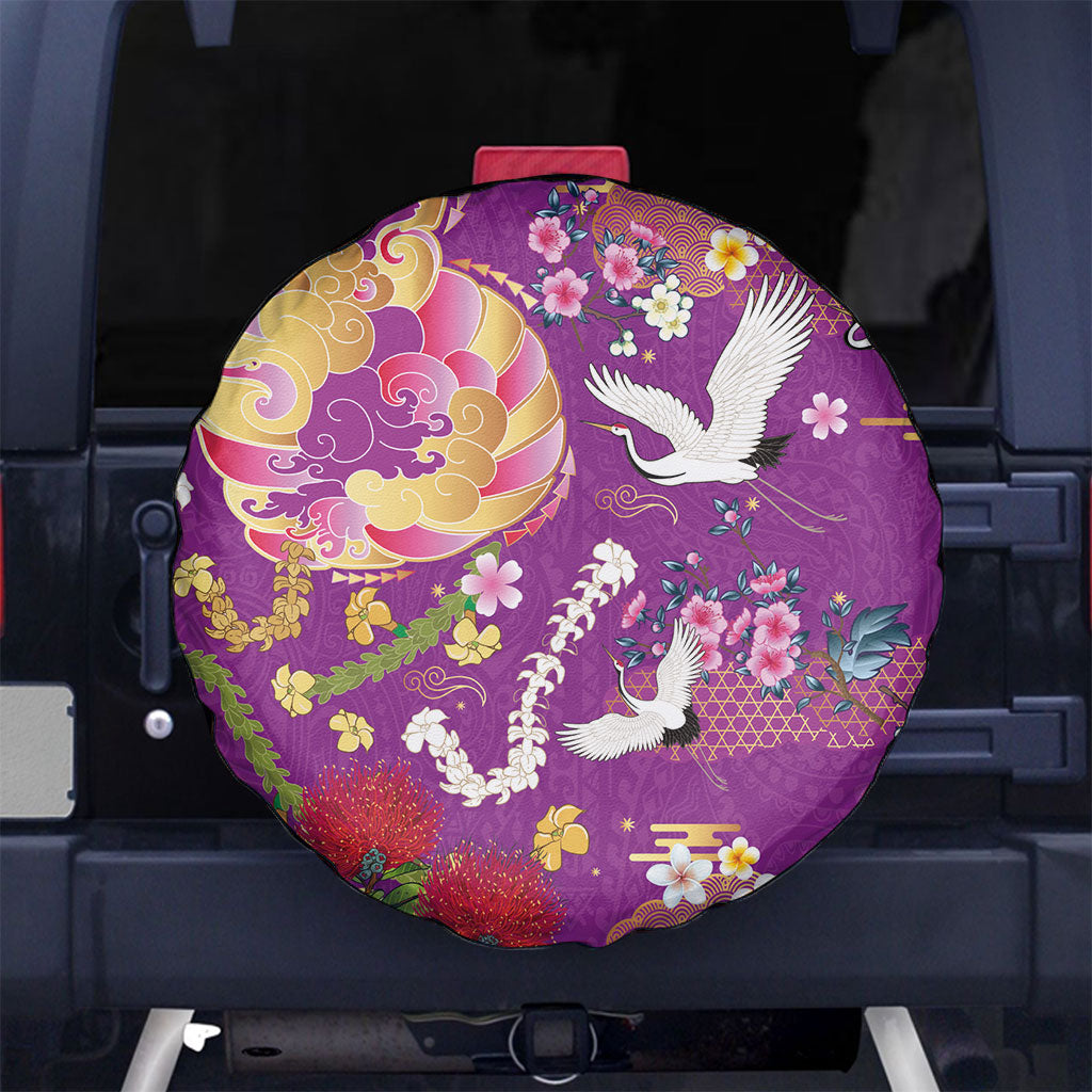 Hawaiian and Japanese Culture Together Spare Tire Cover Kakau Tribal Pattern and Irezumi Art Purple Color