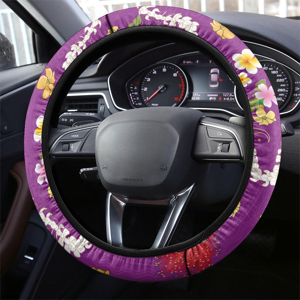 Hawaiian and Japanese Culture Together Steering Wheel Cover Kakau Tribal Pattern and Irezumi Art Purple Color LT03 - Polynesian Pride