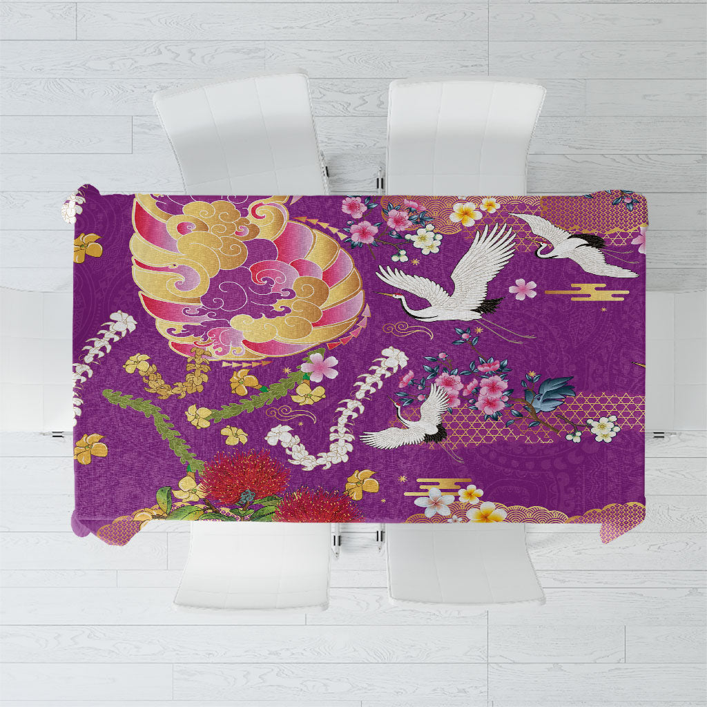 Hawaiian and Japanese Culture Together Tablecloth Kakau Tribal Pattern and Irezumi Art Purple Color