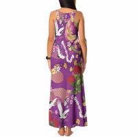 Hawaiian and Japanese Culture Together Tank Maxi Dress Kakau Tribal Pattern and Irezumi Art Purple Color