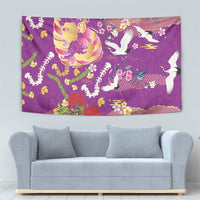 Hawaiian and Japanese Culture Together Tapestry Kakau Tribal Pattern and Irezumi Art Purple Color