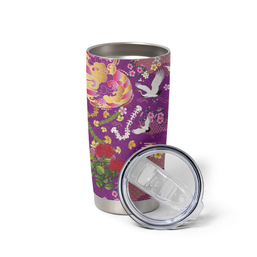 Hawaiian and Japanese Culture Together Tumbler Cup Kakau Tribal Pattern and Irezumi Art Purple Color