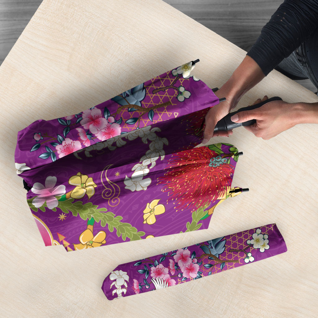 Hawaiian and Japanese Culture Together Umbrella Kakau Tribal Pattern and Irezumi Art Purple Color