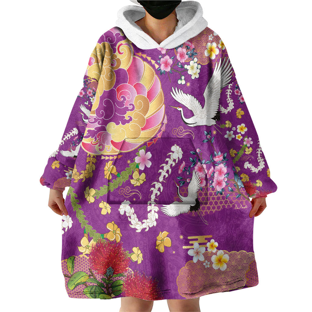 Hawaiian and Japanese Culture Together Wearable Blanket Hoodie Kakau Tribal Pattern and Irezumi Art Purple Color