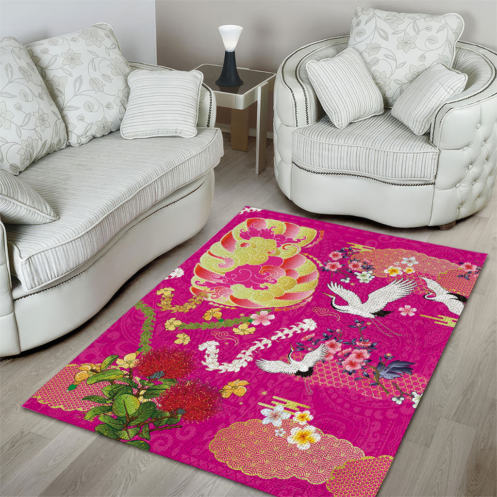 Hawaiian and Japanese Culture Together Area Rug Kakau Tribal Pattern and Irezumi Art Pink Color