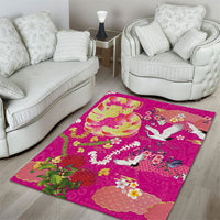 Hawaiian and Japanese Culture Together Area Rug Kakau Tribal Pattern and Irezumi Art Pink Color