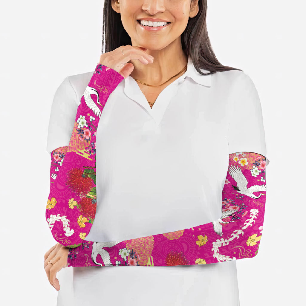 Hawaiian and Japanese Culture Together Arm Sleeves Kakau Tribal Pattern and Irezumi Art Pink Color