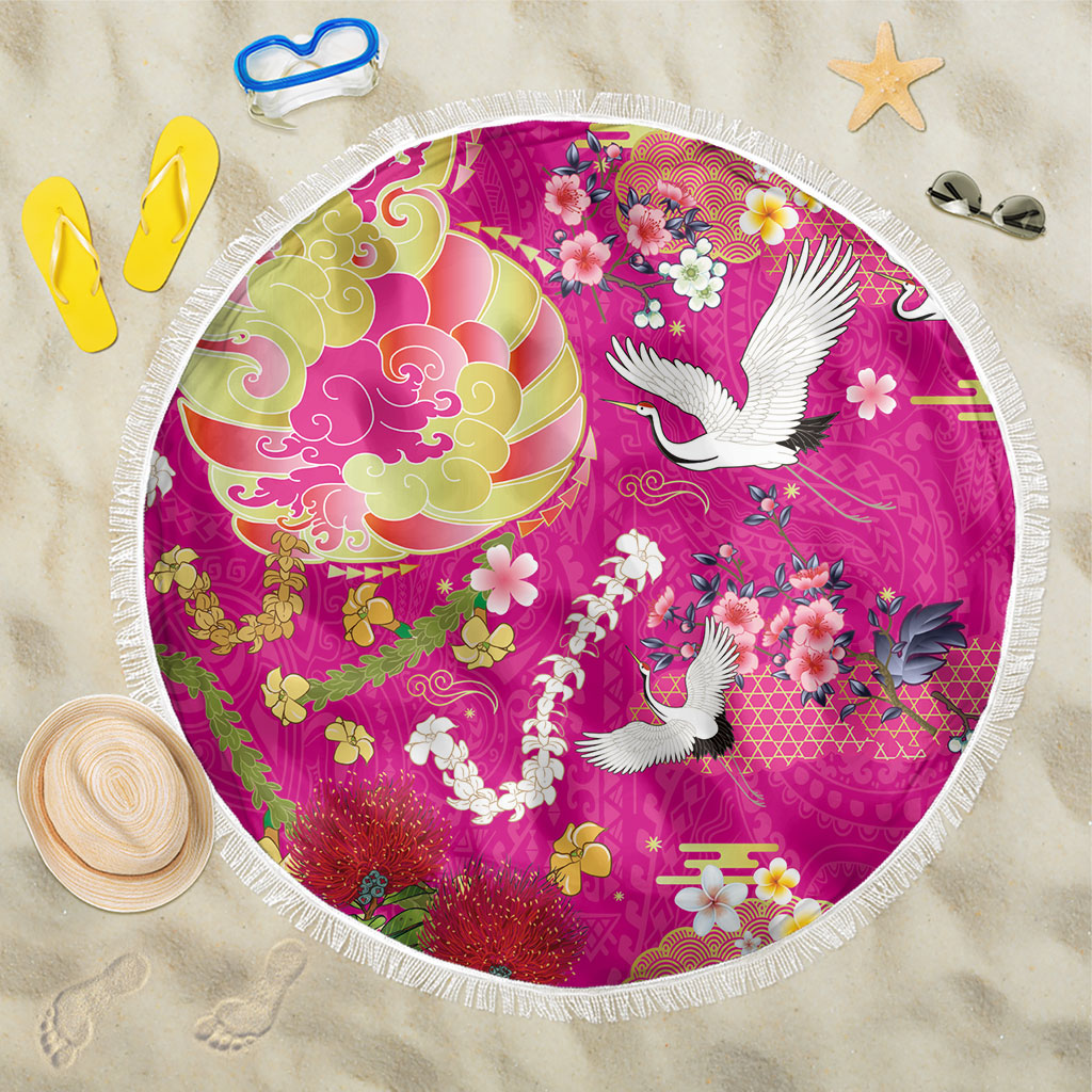 Hawaiian and Japanese Culture Together Beach Blanket Kakau Tribal Pattern and Irezumi Art Pink Color
