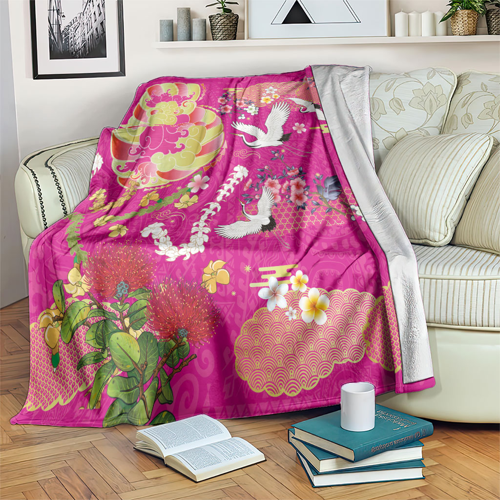 Hawaiian and Japanese Culture Together Blanket Kakau Tribal Pattern and Irezumi Art Pink Color