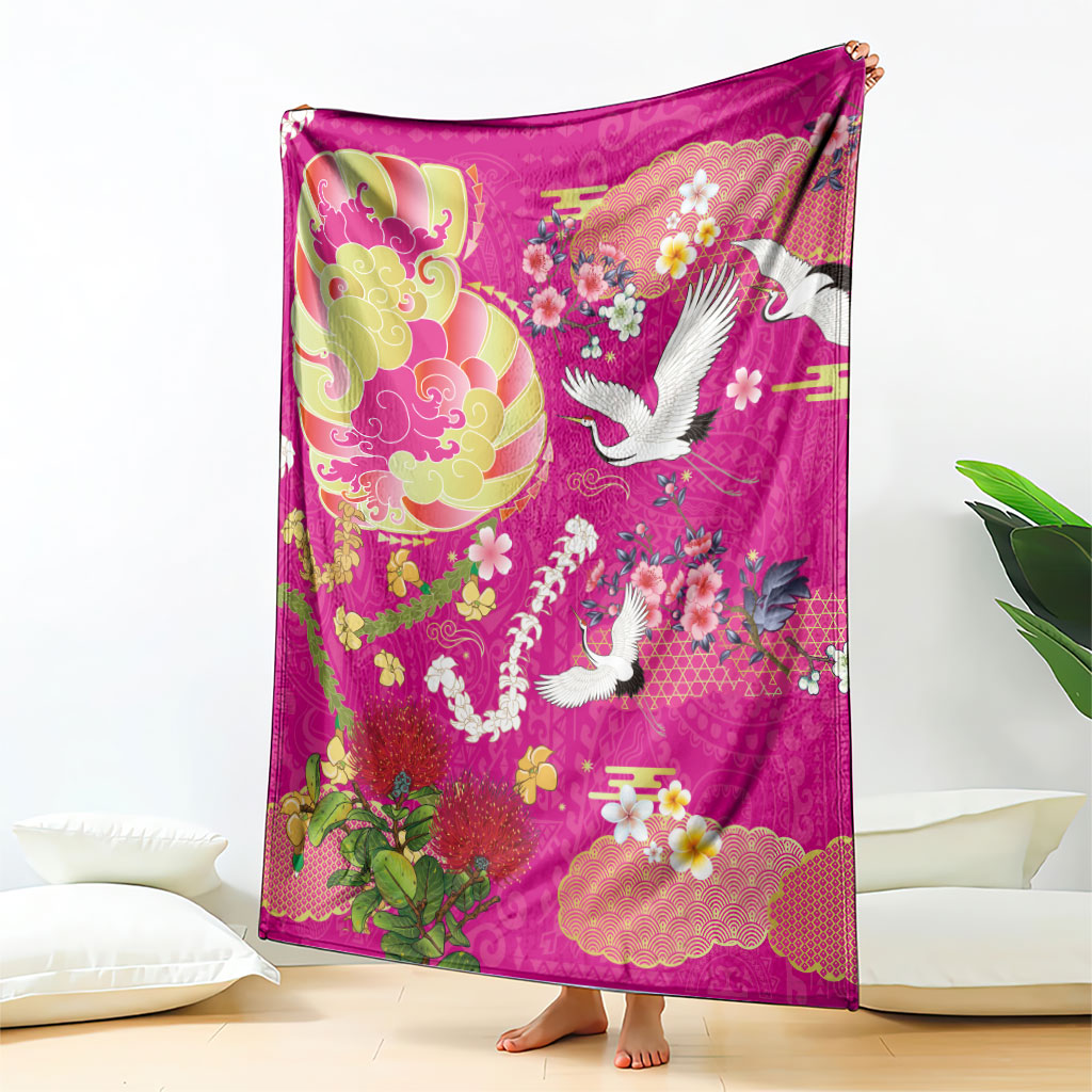 Hawaiian and Japanese Culture Together Blanket Kakau Tribal Pattern and Irezumi Art Pink Color