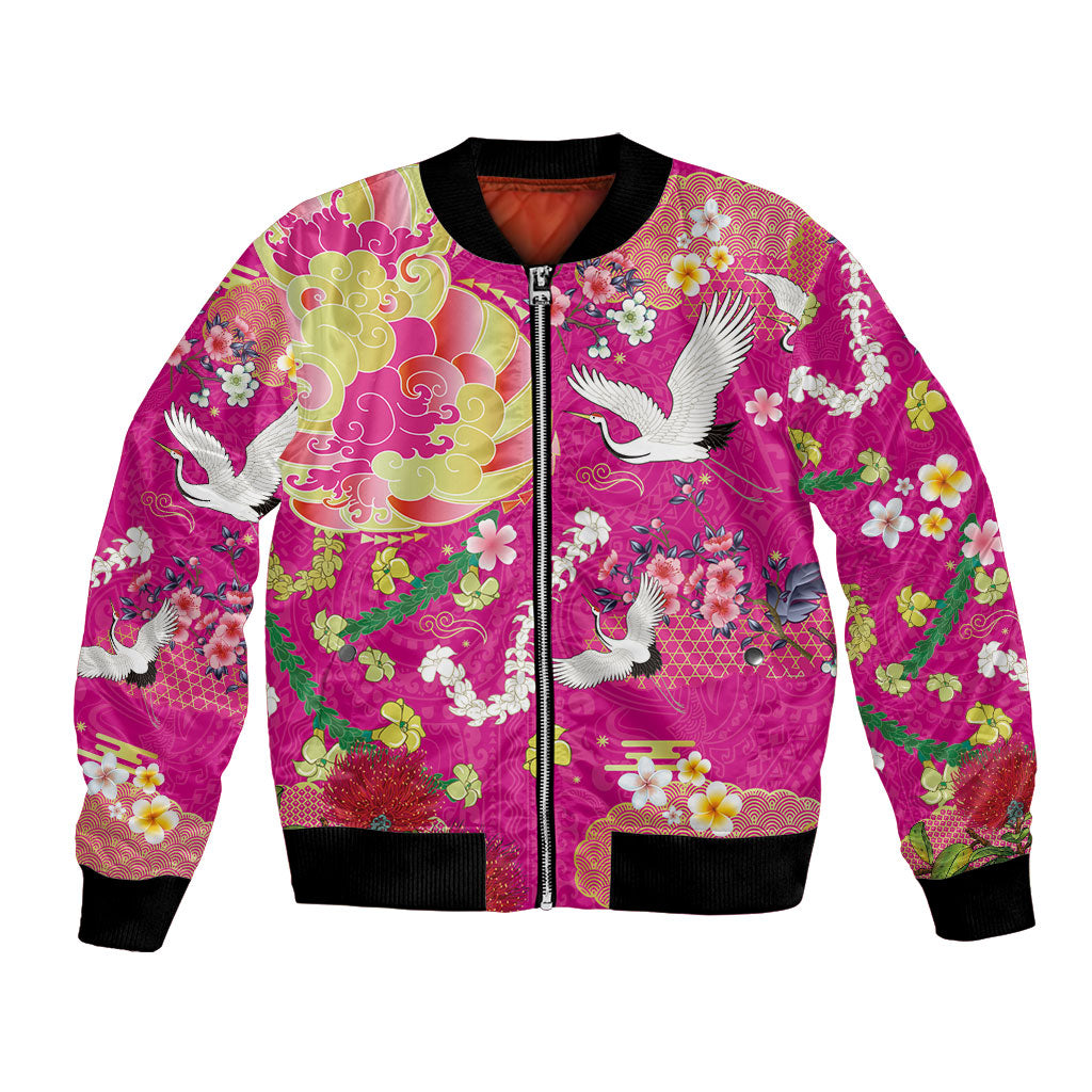 Hawaiian and Japanese Culture Together Bomber Jacket Kakau Tribal Pattern and Irezumi Art Pink Color LT03 Unisex Pink - Polynesian Pride