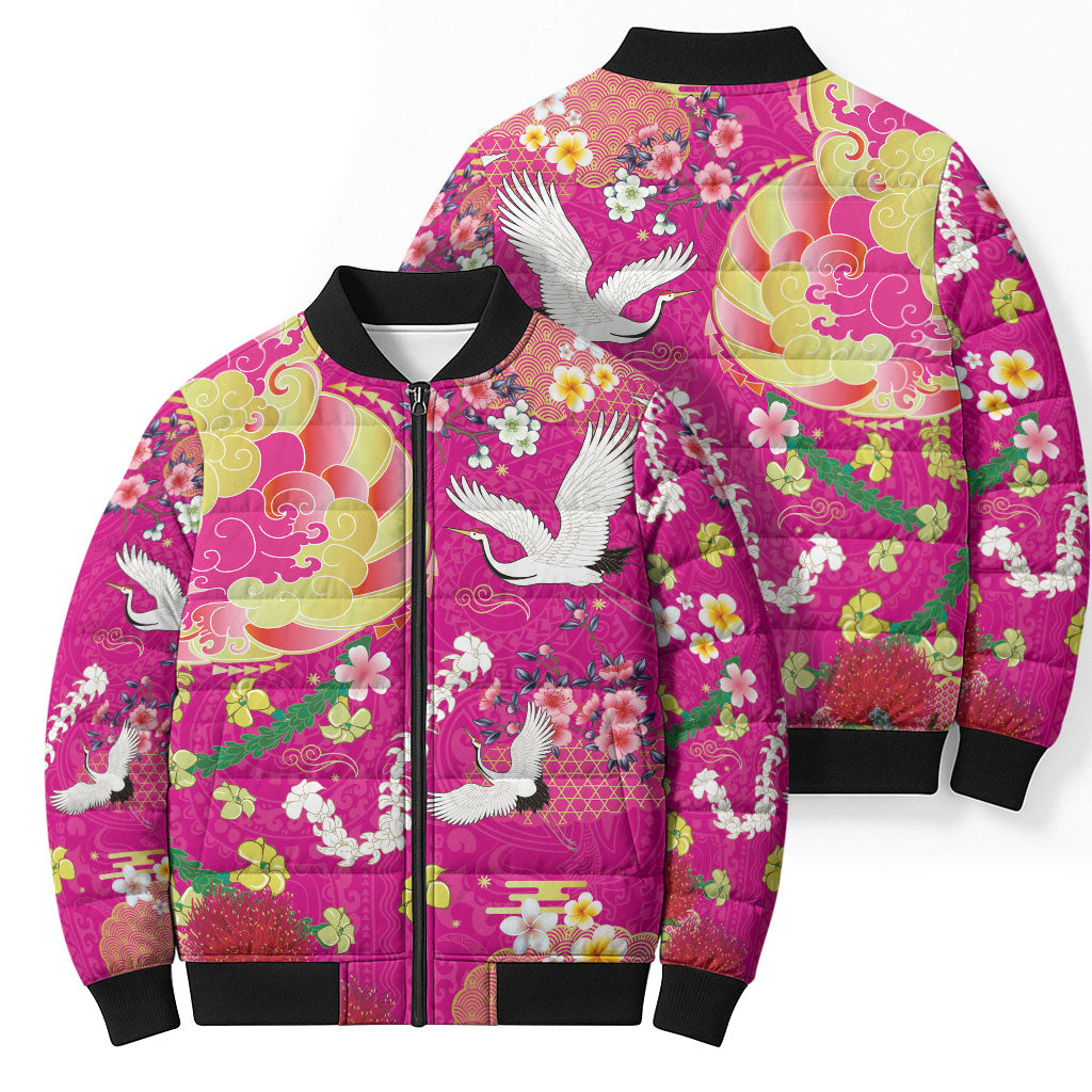 Hawaiian and Japanese Culture Together Bomber Puffer Jacket Kakau Tribal Pattern and Irezumi Art Pink Color