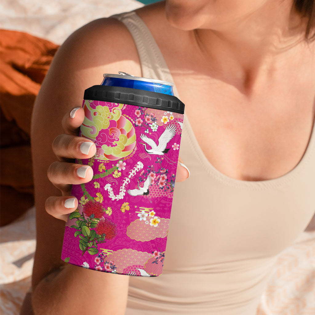 Hawaiian and Japanese Culture Together 4 in 1 Can Cooler Tumbler Kakau Tribal Pattern and Irezumi Art Pink Color
