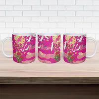 Hawaiian and Japanese Culture Together Ceramic Mug Kakau Tribal Pattern and Irezumi Art Pink Color