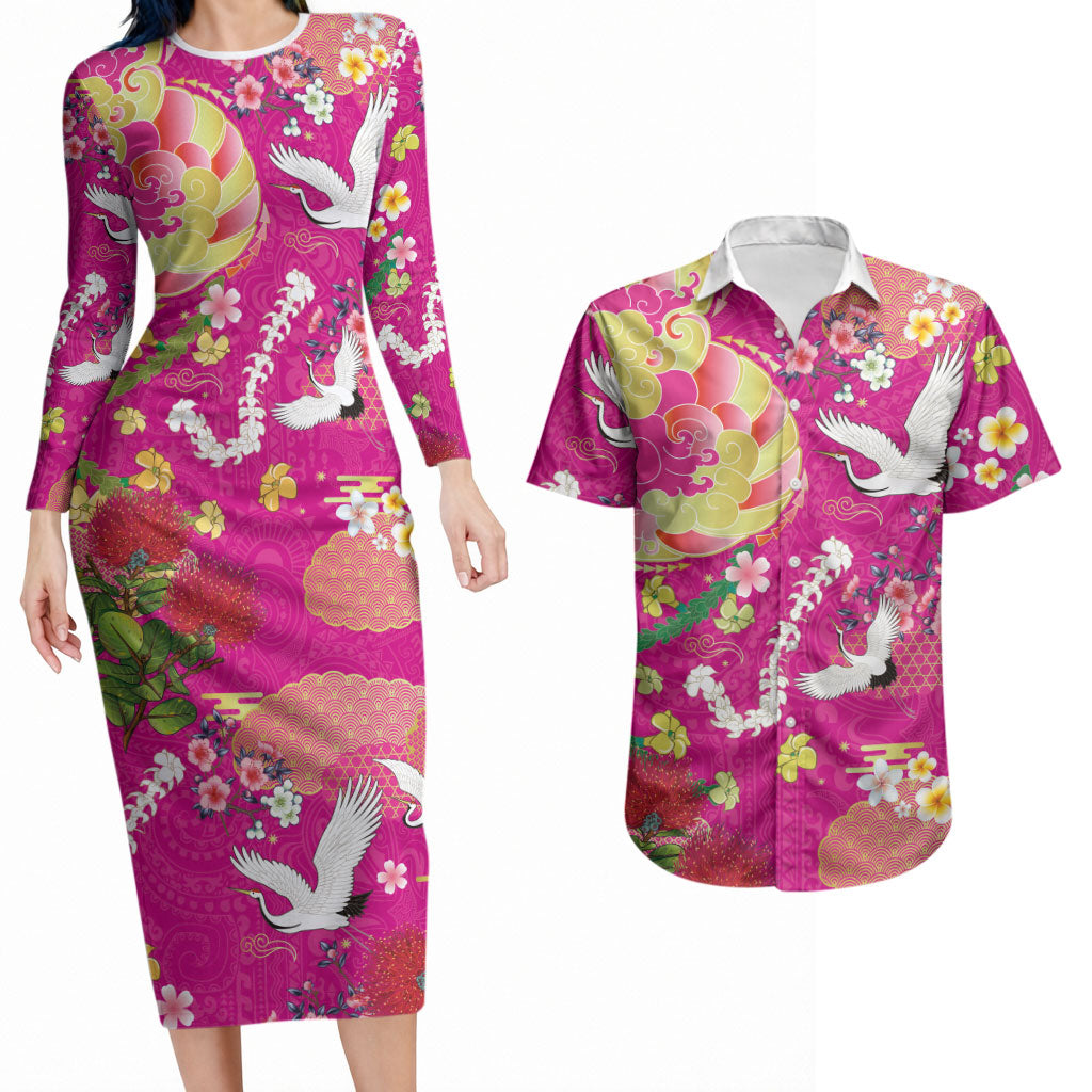 Hawaiian and Japanese Culture Together Couples Matching Long Sleeve Bodycon Dress and Hawaiian Shirt Kakau Tribal Pattern and Irezumi Art Pink Color