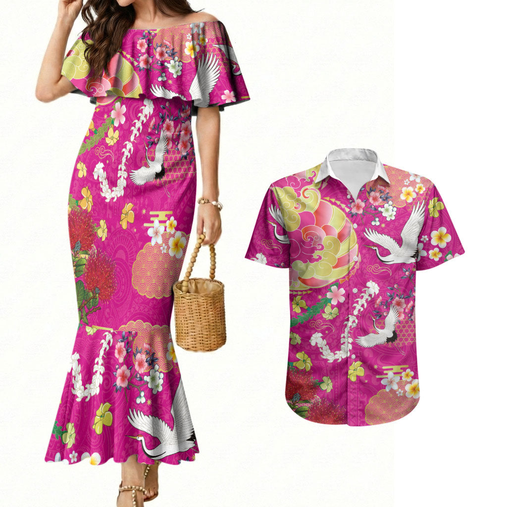 Hawaiian and Japanese Culture Together Couples Matching Mermaid Dress and Hawaiian Shirt Kakau Tribal Pattern and Irezumi Art Pink Color