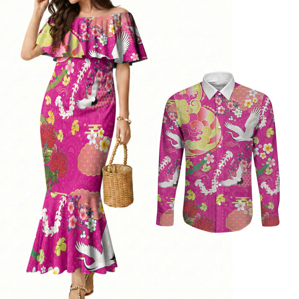 Hawaiian and Japanese Culture Together Couples Matching Mermaid Dress and Long Sleeve Button Shirt Kakau Tribal Pattern and Irezumi Art Pink Color