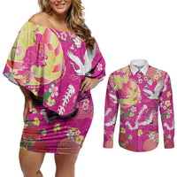 Hawaiian and Japanese Culture Together Couples Matching Off Shoulder Short Dress and Long Sleeve Button Shirt Kakau Tribal Pattern and Irezumi Art Pink Color