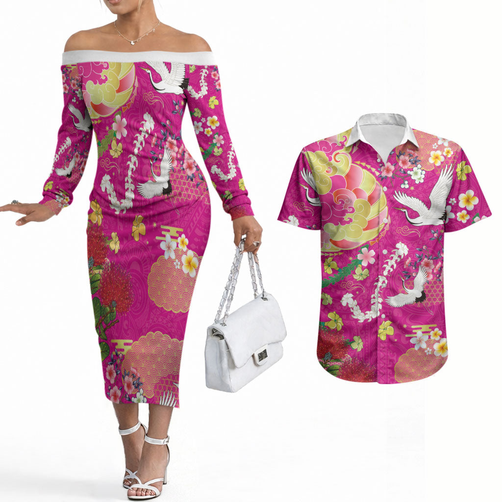 Hawaiian and Japanese Culture Together Couples Matching Off The Shoulder Long Sleeve Dress and Hawaiian Shirt Kakau Tribal Pattern and Irezumi Art Pink Color