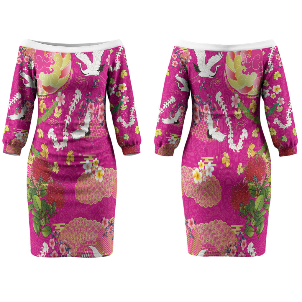 Hawaiian and Japanese Culture Together Couples Matching Off The Shoulder Long Sleeve Dress and Hawaiian Shirt Kakau Tribal Pattern and Irezumi Art Pink Color