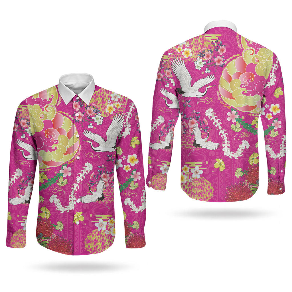 Hawaiian and Japanese Culture Together Couples Matching Off The Shoulder Long Sleeve Dress and Long Sleeve Button Shirt Kakau Tribal Pattern and Irezumi Art Pink Color