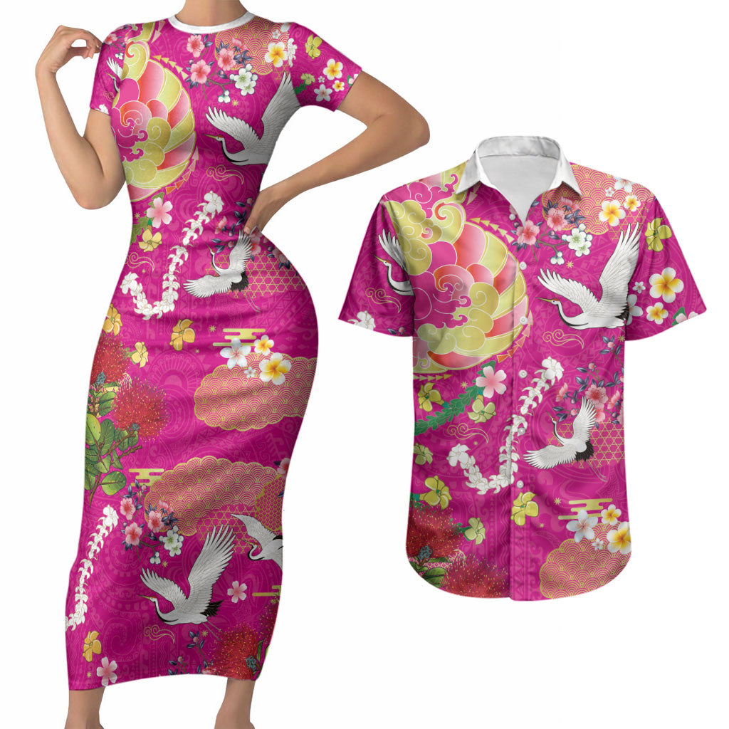 Hawaiian and Japanese Culture Together Couples Matching Short Sleeve Bodycon Dress and Hawaiian Shirt Kakau Tribal Pattern and Irezumi Art Pink Color