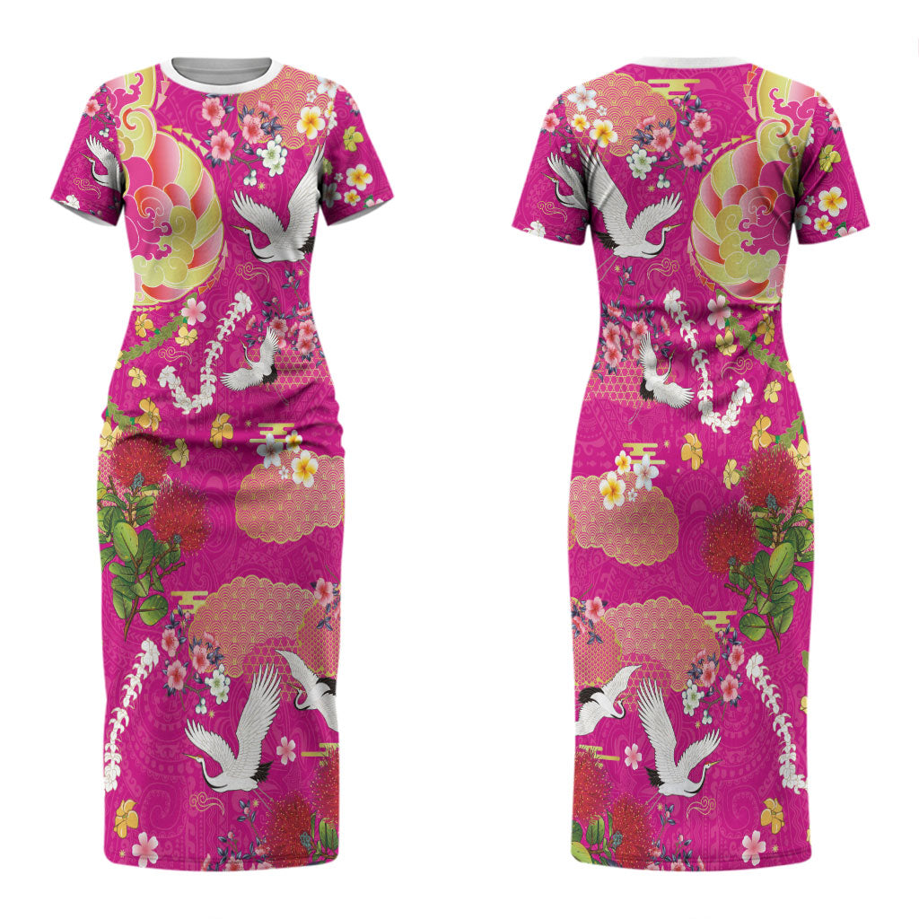 Hawaiian and Japanese Culture Together Couples Matching Short Sleeve Bodycon Dress and Hawaiian Shirt Kakau Tribal Pattern and Irezumi Art Pink Color