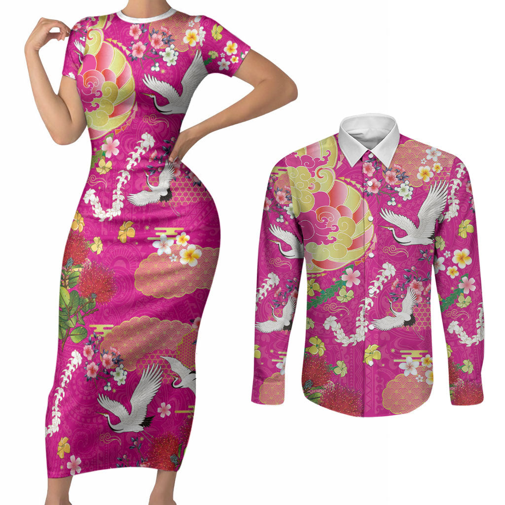Hawaiian and Japanese Culture Together Couples Matching Short Sleeve Bodycon Dress and Long Sleeve Button Shirt Kakau Tribal Pattern and Irezumi Art Pink Color
