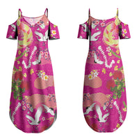 Hawaiian and Japanese Culture Together Couples Matching Summer Maxi Dress and Long Sleeve Button Shirt Kakau Tribal Pattern and Irezumi Art Pink Color