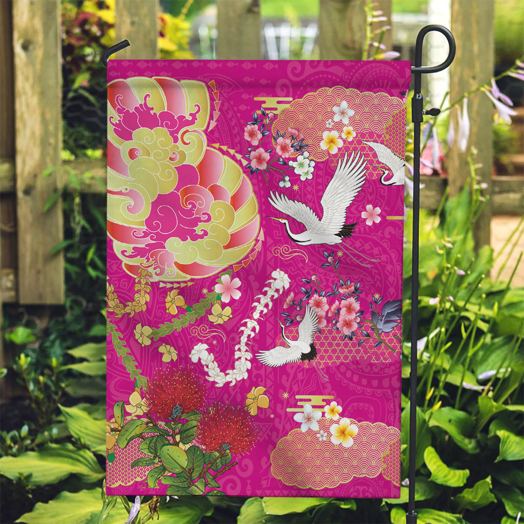 Hawaiian and Japanese Culture Together Garden Flag Kakau Tribal Pattern and Irezumi Art Pink Color