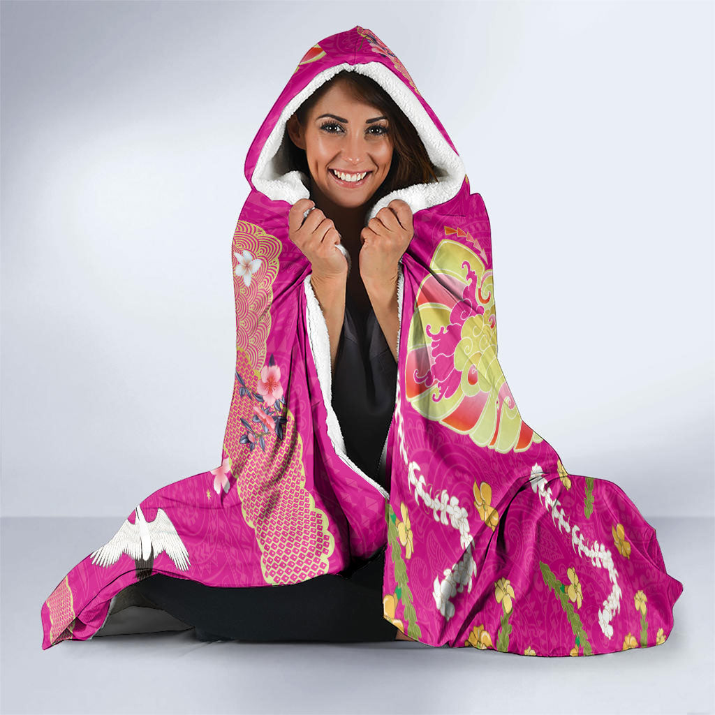 Hawaiian and Japanese Culture Together Hooded Blanket Kakau Tribal Pattern and Irezumi Art Pink Color LT03 - Polynesian Pride