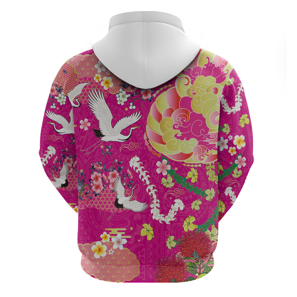 Hawaiian and Japanese Culture Together Hoodie Kakau Tribal Pattern and Irezumi Art Pink Color