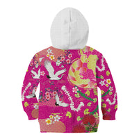 Hawaiian and Japanese Culture Together Kid Hoodie Kakau Tribal Pattern and Irezumi Art Pink Color