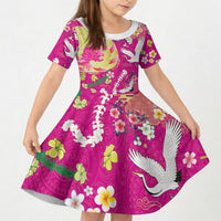 Hawaiian and Japanese Culture Together Kid Short Sleeve Dress Kakau Tribal Pattern and Irezumi Art Pink Color