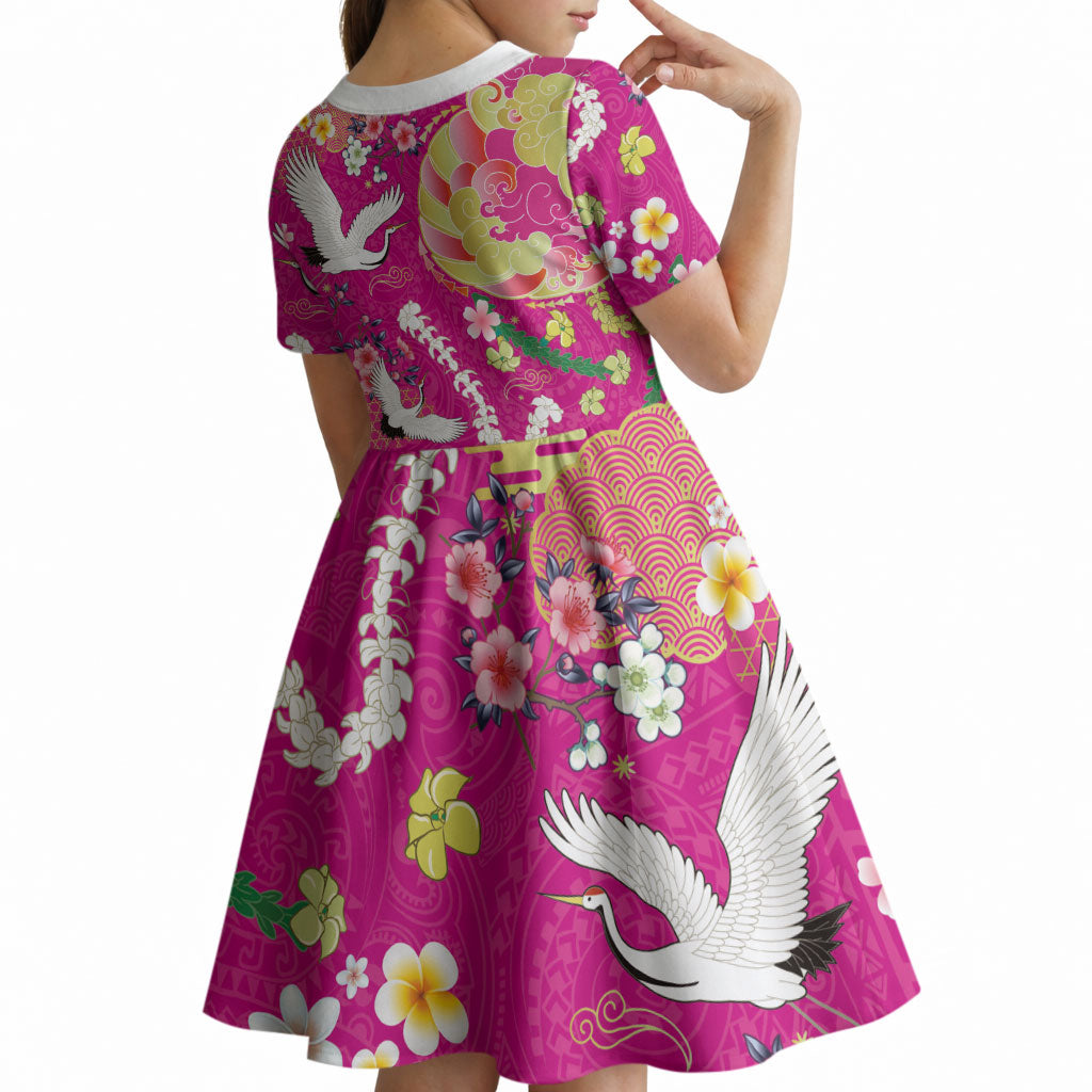 Hawaiian and Japanese Culture Together Kid Short Sleeve Dress Kakau Tribal Pattern and Irezumi Art Pink Color