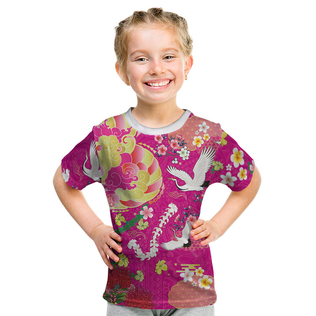 Hawaiian and Japanese Culture Together Kid T Shirt Kakau Tribal Pattern and Irezumi Art Pink Color